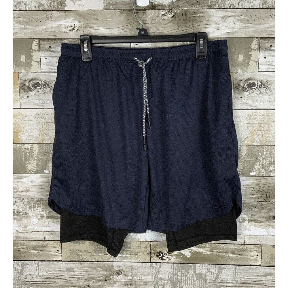 Men's Blue Athletic Drawstring Shorts Black Under Zipper Pockets Size L